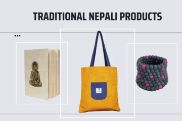 Displaying traditional Nepali products: a handmade paper notebook with a Buddha illustration, a bright yellow and blue tote bag, and a grey felt bracelet with pink accents.